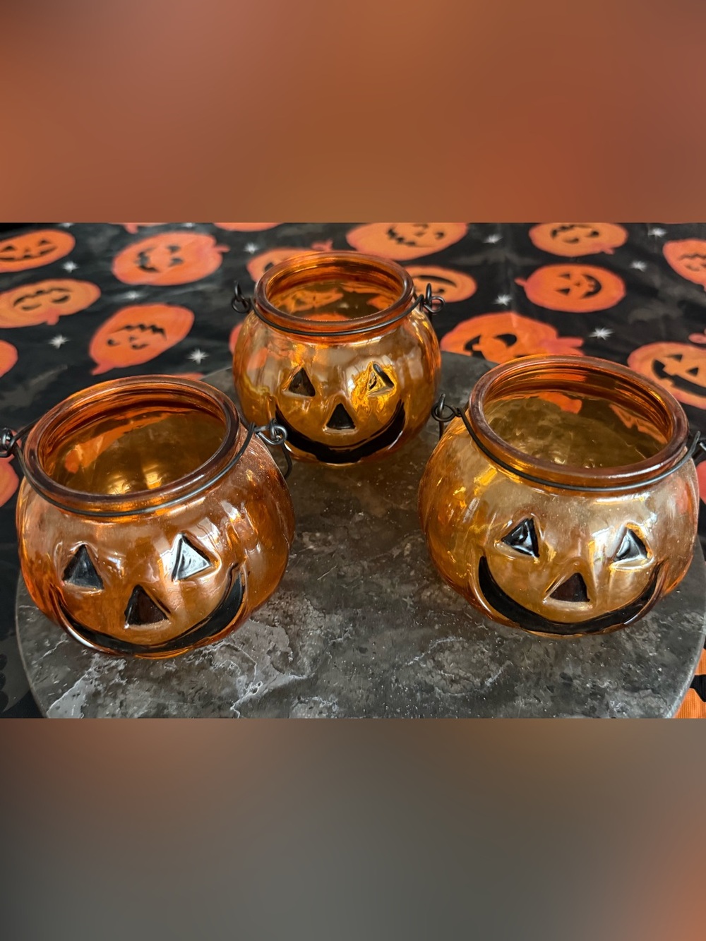 Set of 3 Orange Glass Jack-O'-Lantern Candle Holders